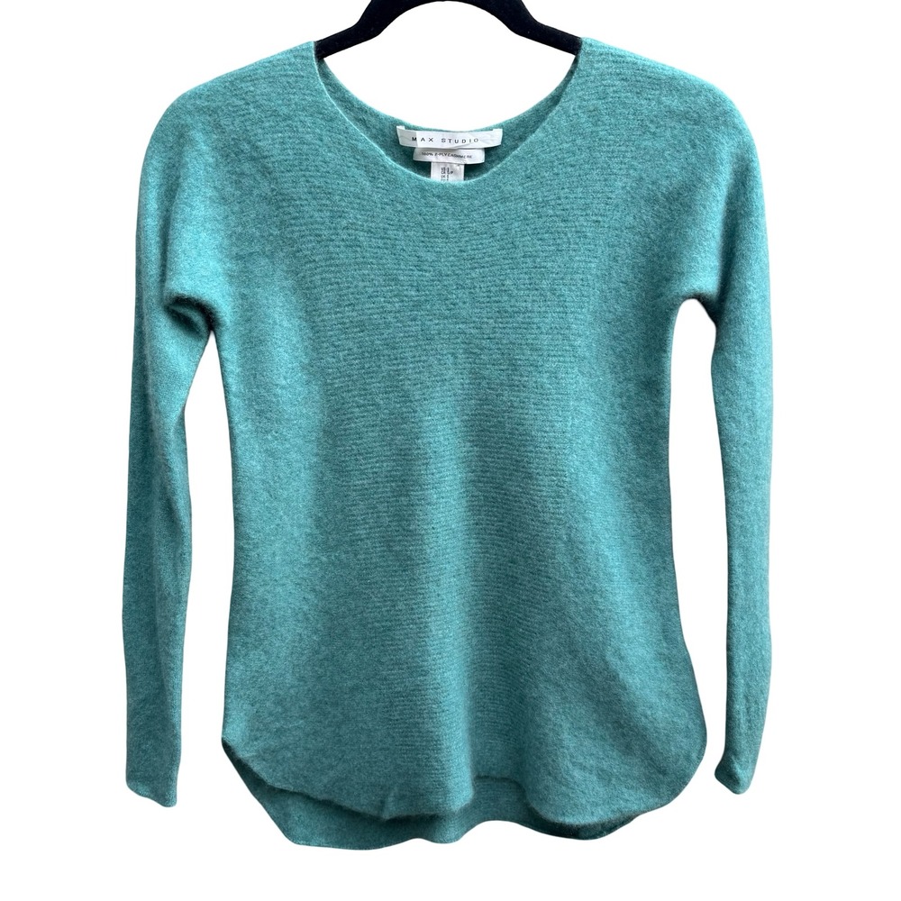 Max Studio 100% 2-Ply Cashmere Quiet Luxury Minimalist Scoop Neck Sweater Teal S